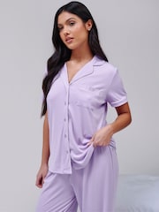 Loungeable Purple Super Soft Jersey Rib Short Sleeve Button Through Pyjamas - Image 1 of 4