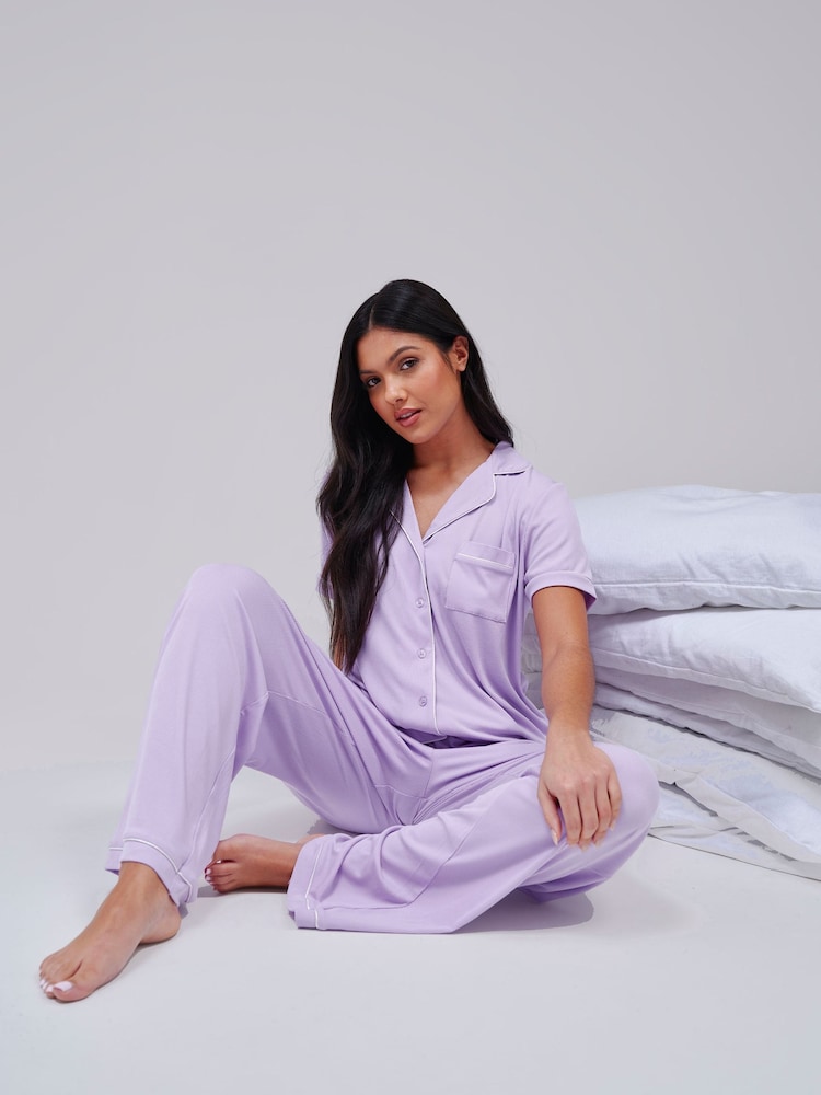 Loungeable Purple Super Soft Jersey Rib Short Sleeve Button Through Pyjamas - Image 2 of 4