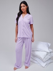 Loungeable Purple Super Soft Jersey Rib Short Sleeve Button Through Pyjamas - Image 3 of 4