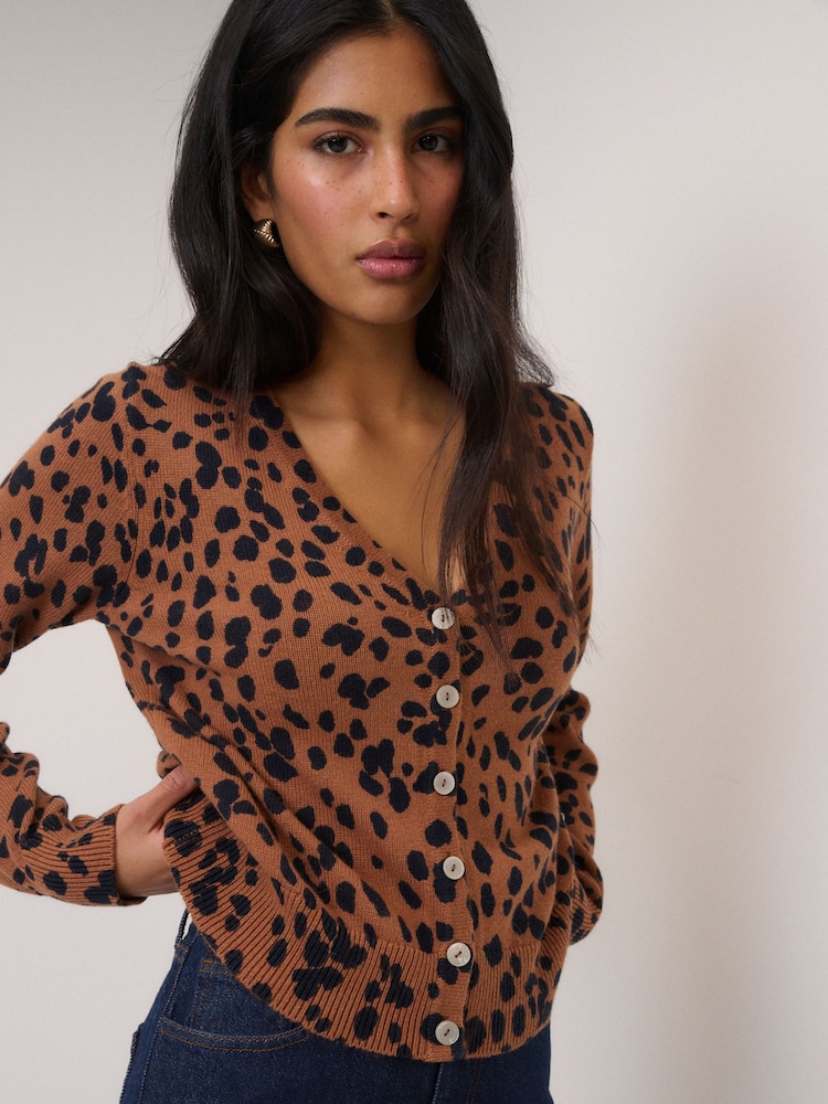 Nobodys Child Brown Long Sleeve V-Neck Leopard Printed Cardigan - Image 1 of 5