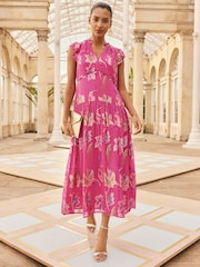 Love & Roses Pink Leaf Metallic Dropped Waist Midi Dress - Image 1 of 4