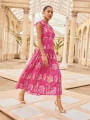 Love & Roses Pink Leaf Metallic Dropped Waist Midi Dress - Image 3 of 4