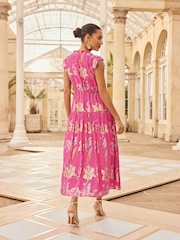 Love & Roses Pink Leaf Metallic Dropped Waist Midi Dress - Image 4 of 4