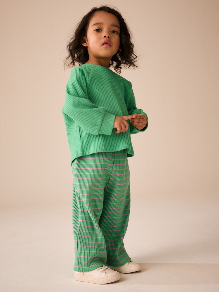 Green/Pink Stripe Ribbed Wide Leg Trousers (3mths-7yrs) - Image 1 of 3