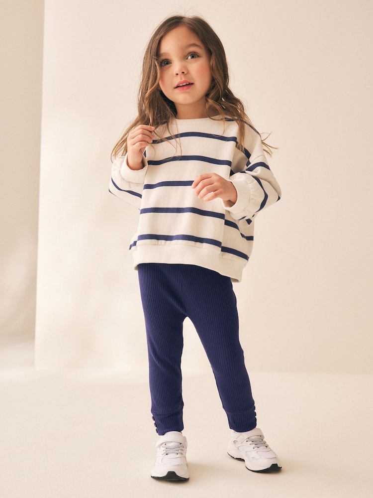 Navy Ribbed Button Cuffed Leggings (3mths-7yrs) - Image 2 of 7 Navy Ribbed Button Cuffed Leggings (3mths-7yrs) - Image 2 of 7