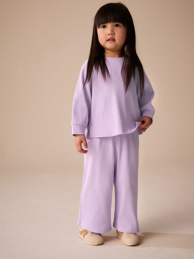 Lilac Purple Ribbed Wide Leg Trousers (3mths-7yrs) - Image 1 of 8