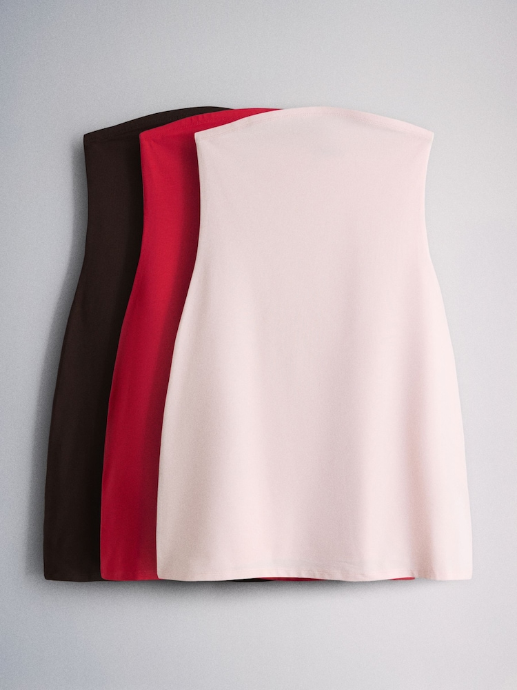 The Set 3 Pack Bandeau Mini Jersey Dresses Brown/Red/Light Pink - Image 2 of 12 The Set 3 Pack Bandeau Mini Jersey Dresses Brown/Red/Light Pink - Image 2 of 12
