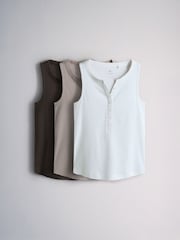 The Set 3 Pack Henley Rib Vest Chocolate brown/Taupe Brown/White - Image 1 of 6