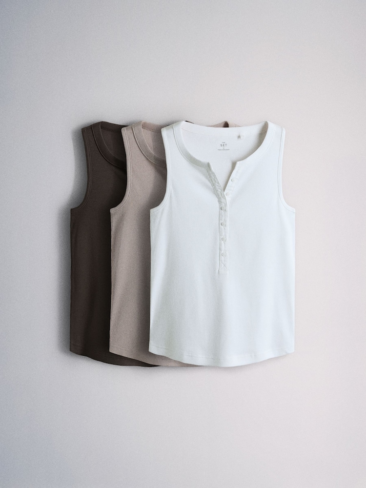 The Set 3 Pack Henley Rib Vest Chocolate brown/Taupe Brown/White - Image 1 of 6