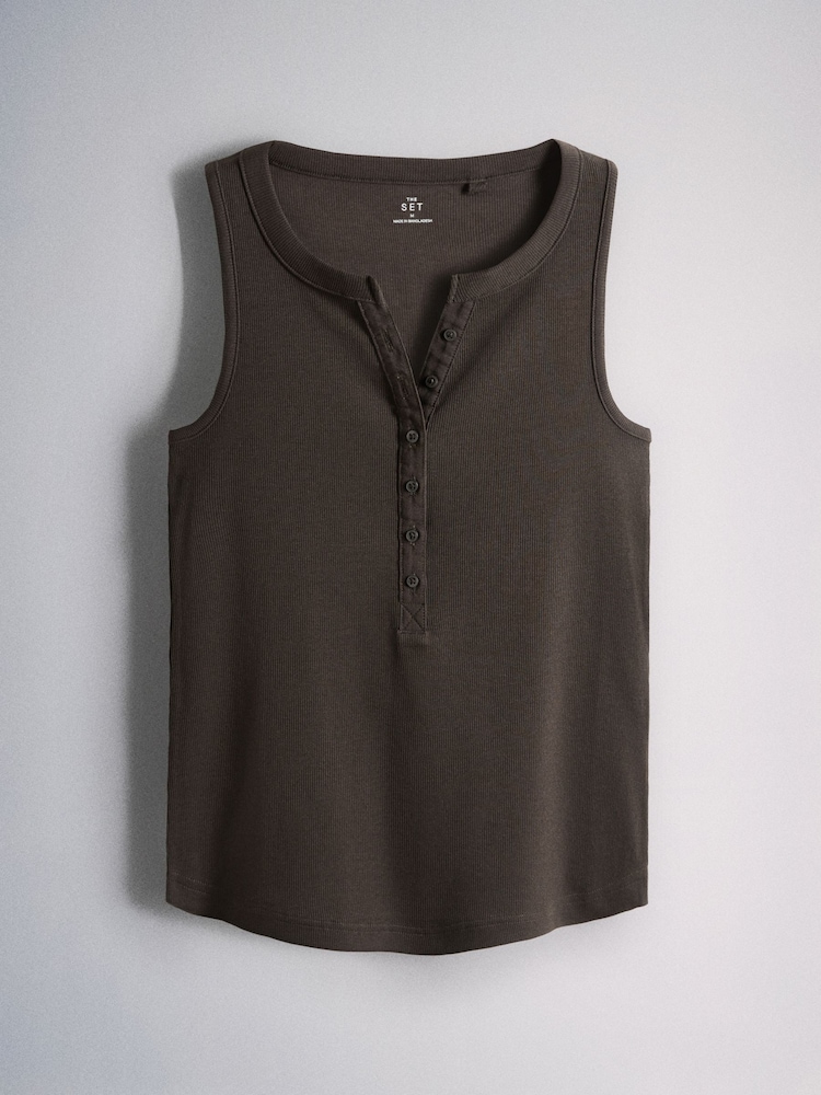 The Set 3 Pack Henley Rib Vest Chocolate brown/Taupe Brown/White - Image 2 of 6