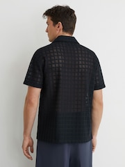 Reiss Navy Belardo Cotton-Blend Crochet Tile-Pattern Shirt - Image 7 of 8