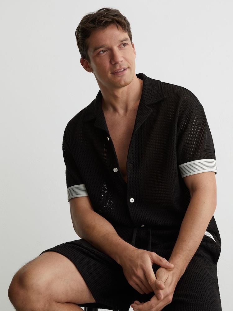 Reiss Black Aliso Cotton-Blend Tape-Trim Crochet Shirt - Image 1 of 6