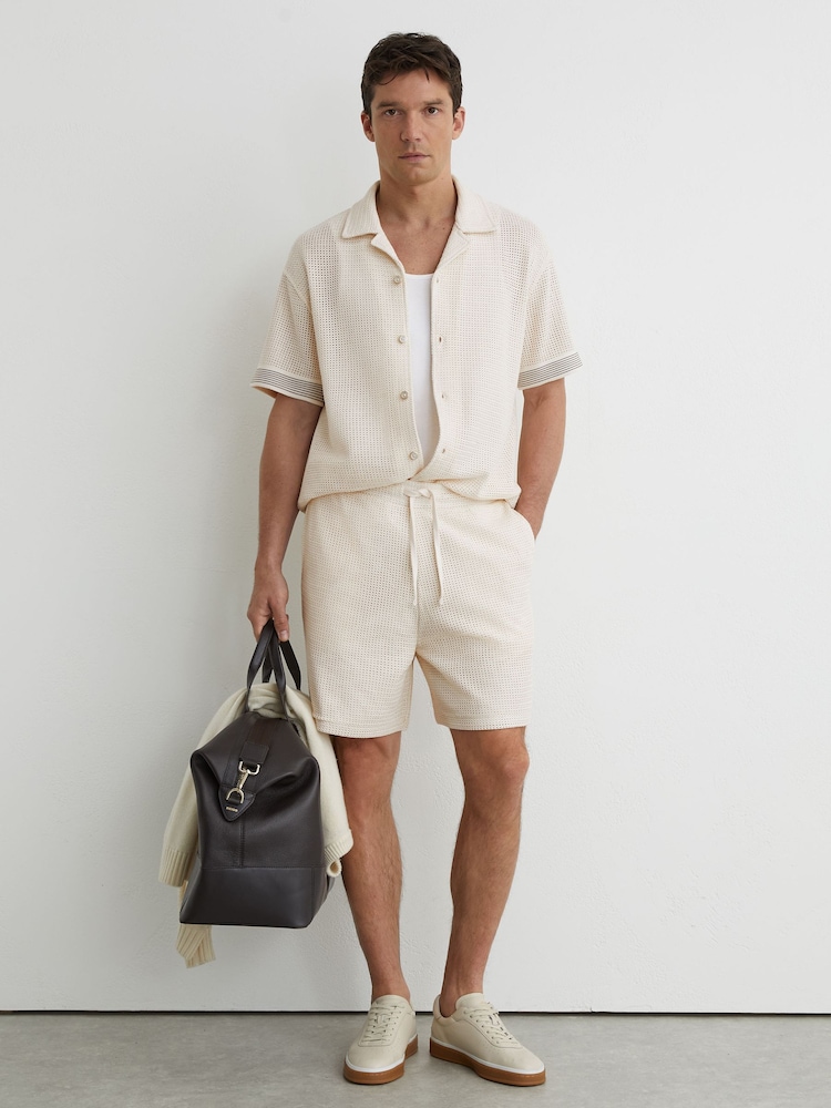 Reiss Off White Sedaros Cotton-Blend Side-Tape Crochet Shorts - Image 1 of 6
