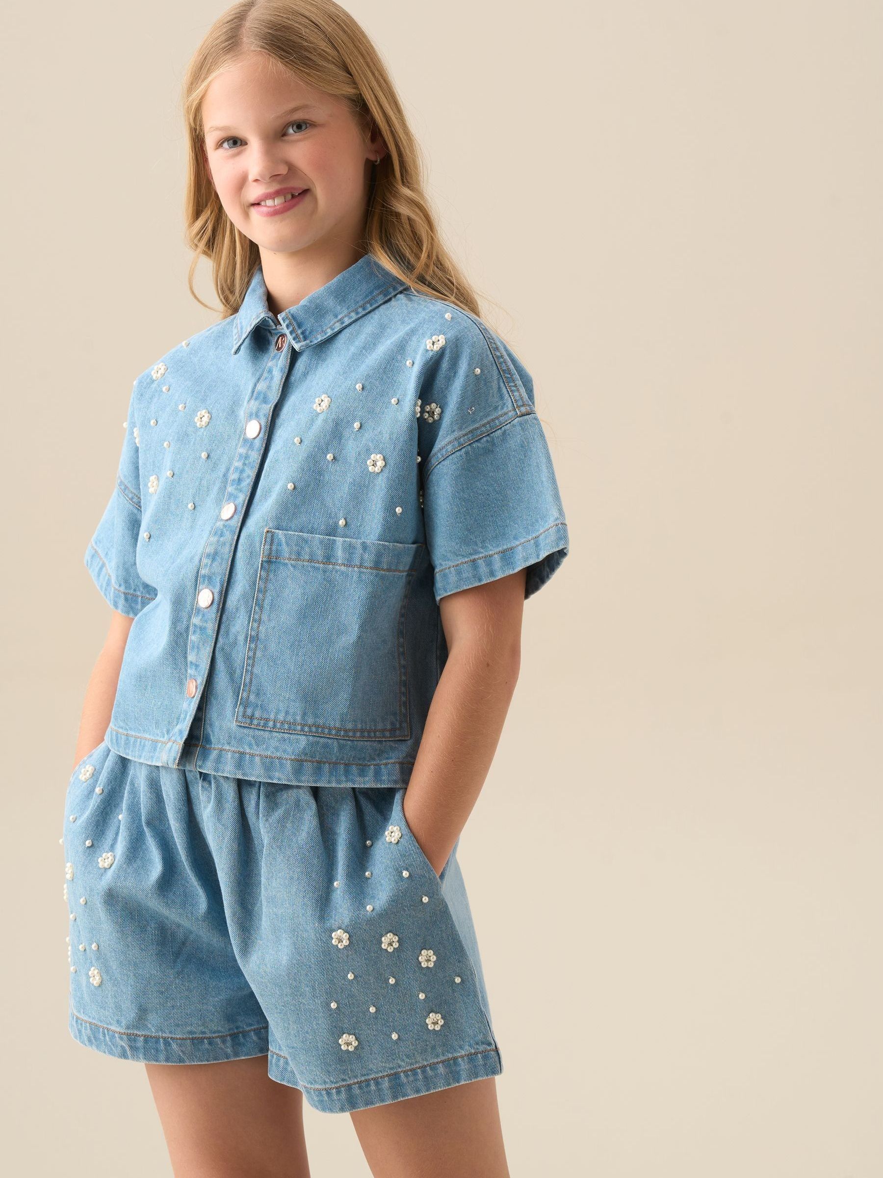 Buy Angel & Rocket Blue Zeta Boxy Embellished Denim Shirt from