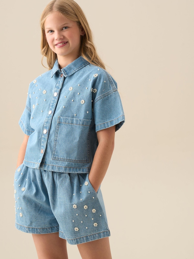 Angel & Rocket Blue Zeta Boxy Embellished Denim Shirt - Image 1 of 7 Angel & Rocket Blue Zeta Boxy Embellished Denim Shirt - Image 1 of 7