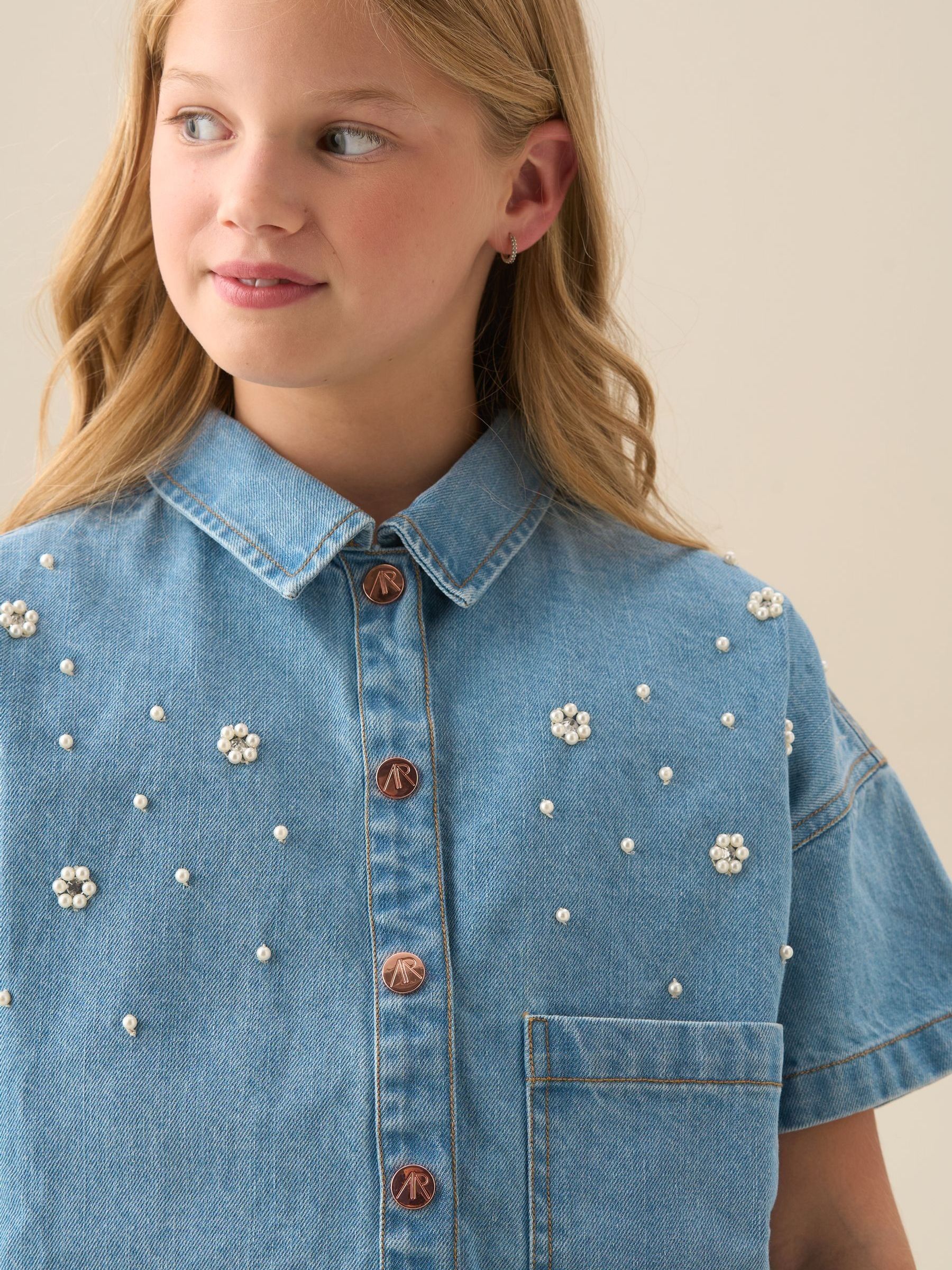 Buy Angel & Rocket Blue Zeta Boxy Embellished Denim Shirt from