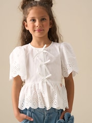 Angel & Rocket White Ria Broderie Tie Front Peplum Blouse - Image 1 of 8