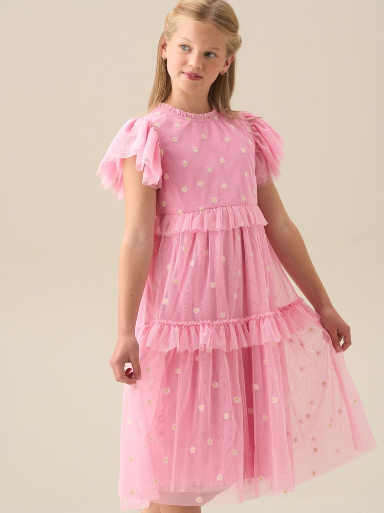 Angel & Rocket Pink Luisa Yellow Embroidered Mesh Dress - Image 1 of 8
