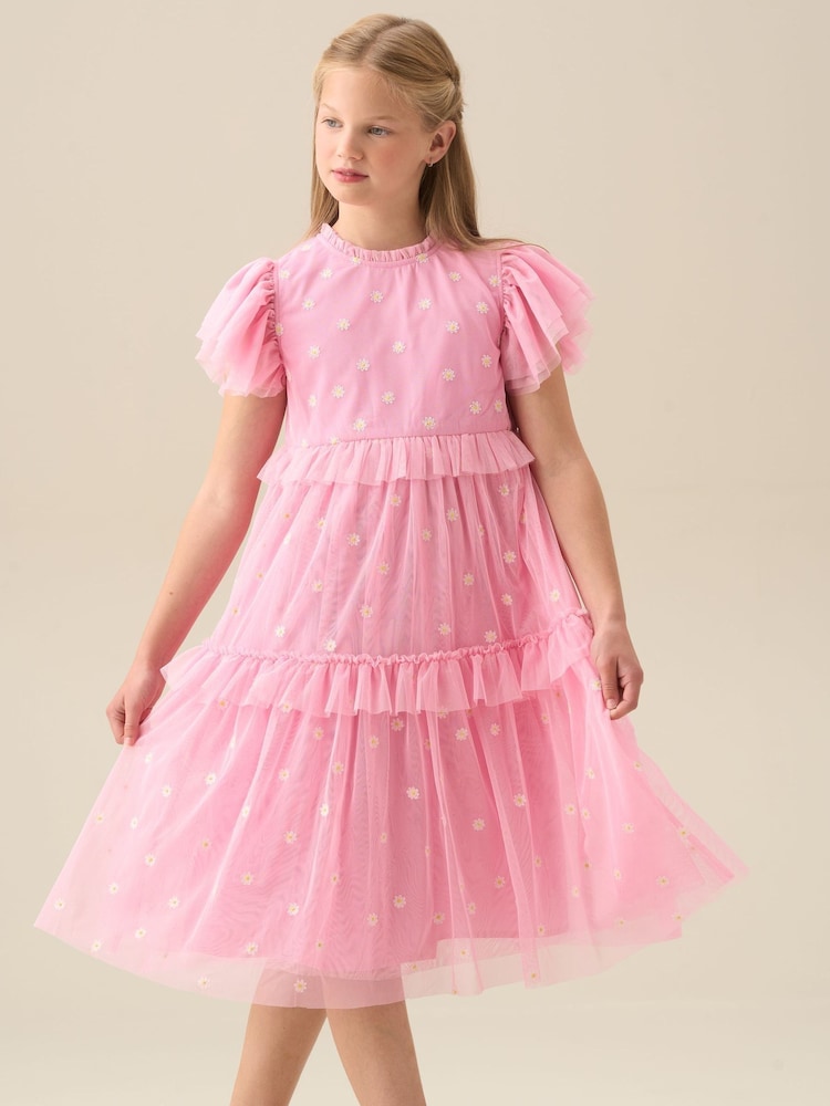 Angel & Rocket Pink Luisa Yellow Embroidered Mesh Dress - Image 2 of 8