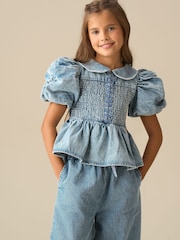 Angel & Rocket Blue Orla Blue Peter Pan Collar Shirred Denim Blouse - Image 1 of 7