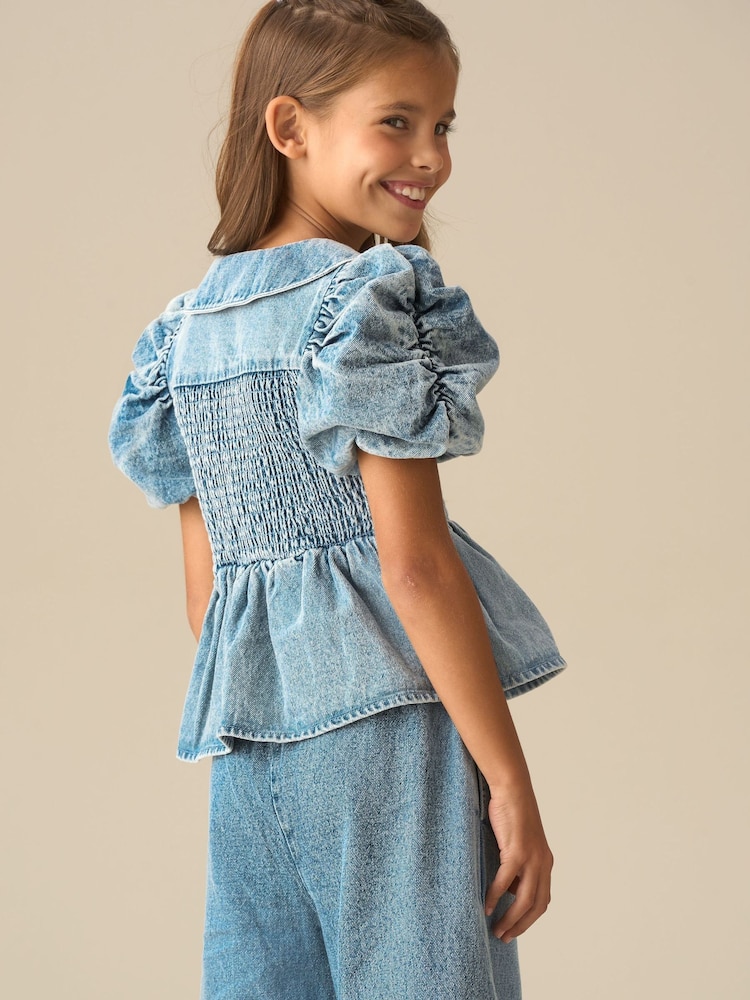 Angel & Rocket Blue Orla Blue Peter Pan Collar Shirred Denim Blouse - Image 2 of 7