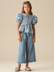 Angel & Rocket Blue Orla Blue Peter Pan Collar Shirred Denim Blouse - Image 3 of 7