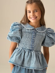Angel & Rocket Blue Orla Blue Peter Pan Collar Shirred Denim Blouse - Image 4 of 7
