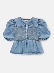 Angel & Rocket Blue Orla Blue Peter Pan Collar Shirred Denim Blouse - Image 5 of 7