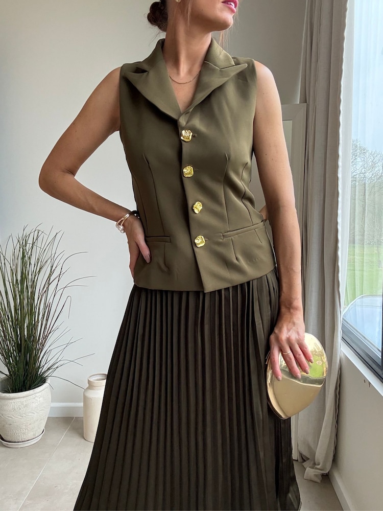 Style Cheat Green Button Pleat Dress - Image 2 of 4