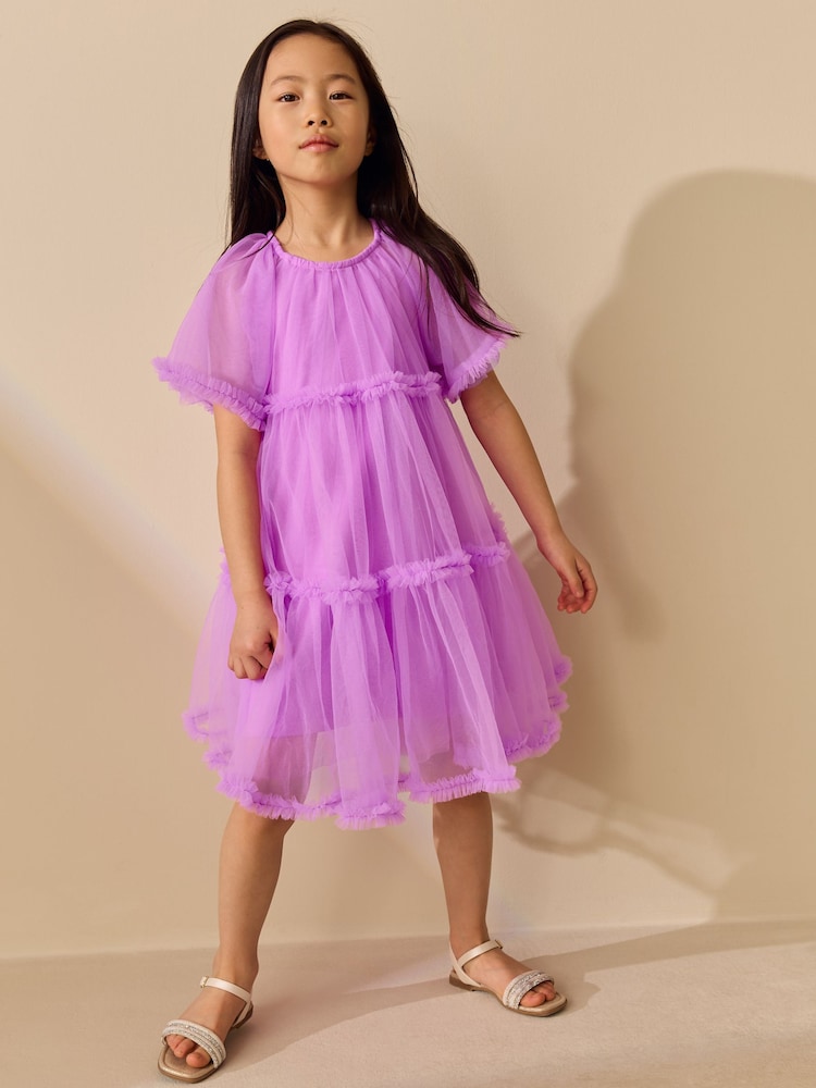purple tiered tulle dress Purple Tiered Tulle Skirt Prom Dresses Deep V-neckline Sexy Evening Dr NiceVestidos