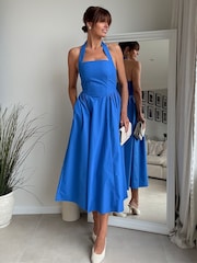 Style Cheat Blue Cotton Halter Midi Dress - Image 1 of 4