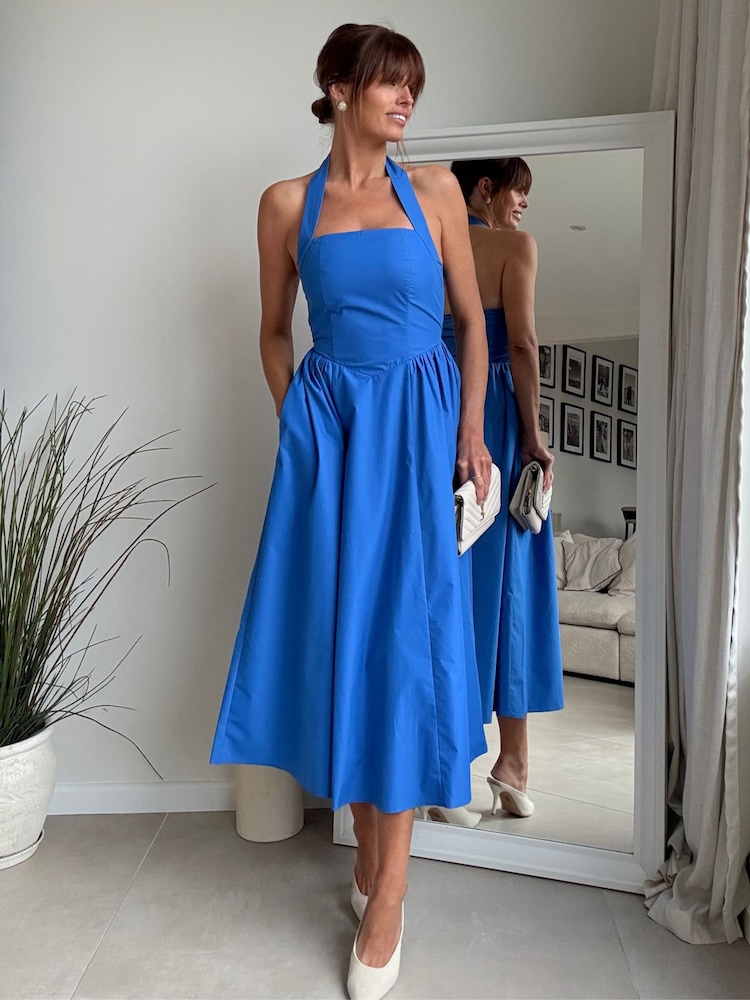 Style Cheat Blue Cotton Halter Midi Dress - Image 1 of 4 Style Cheat Blue Cotton Halter Midi Dress - Image 1 of 4