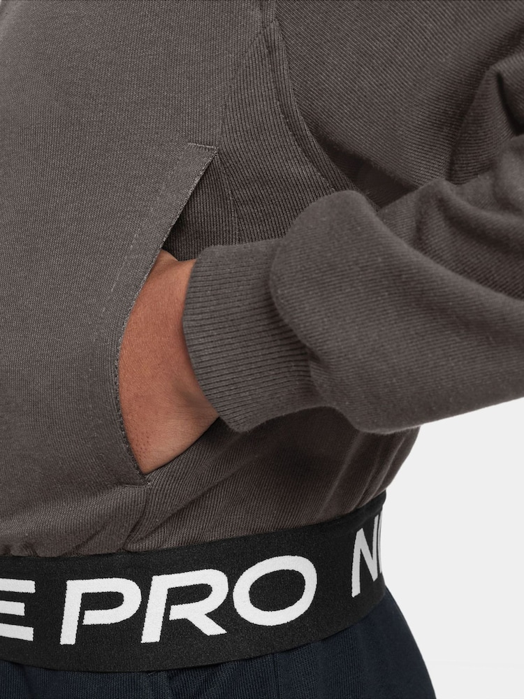 Nike Stone Grey Pro Dri-FIT Cropped Fleece Hoodie - Image 3 of 3 Nike Stone Grey Pro Dri-FIT Cropped Fleece Hoodie - Image 3 of 3