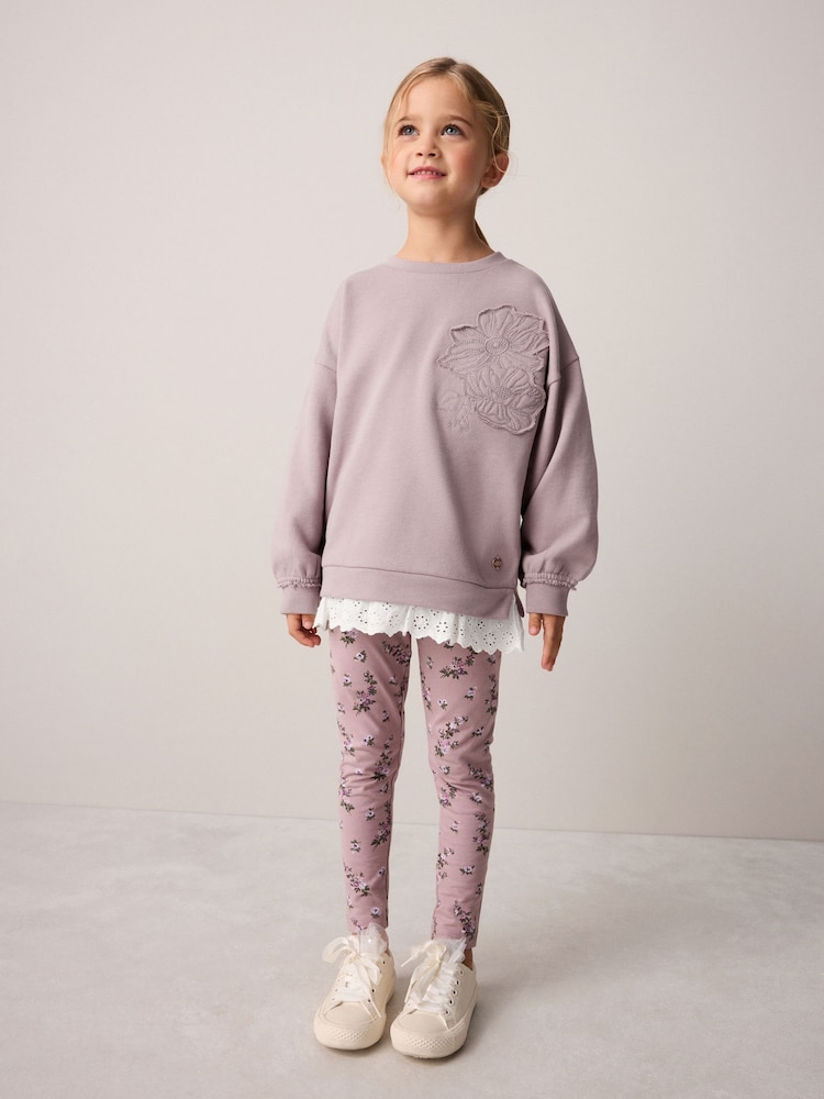 Laura Ashley Purple Embroidered Mock Sweatshirt and Leggings Set - Image 1 of 12