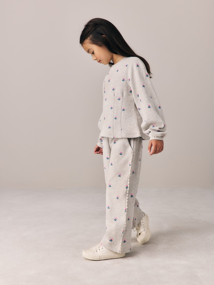 Laura Ashley Grey Floral Embroided Sweater and Wide Leg Joggers Set - Image 2 of 6