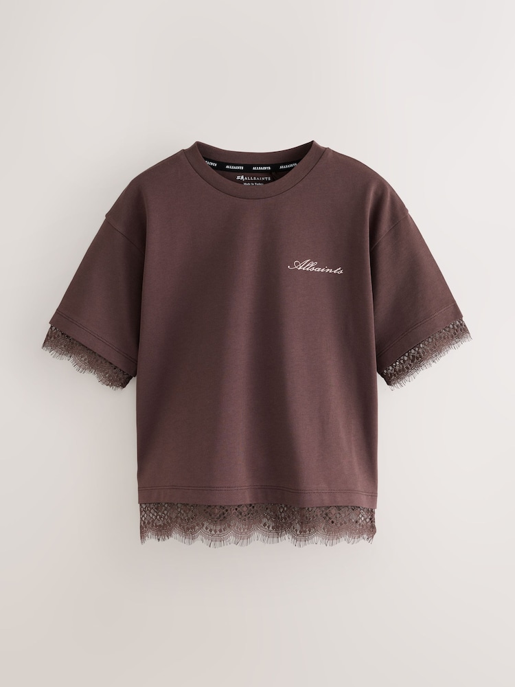 smALLSAINTS Brown Lace Trim T-Shirt - Image 1 of 6 smALLSAINTS Brown Lace Trim T-Shirt - Image 1 of 6