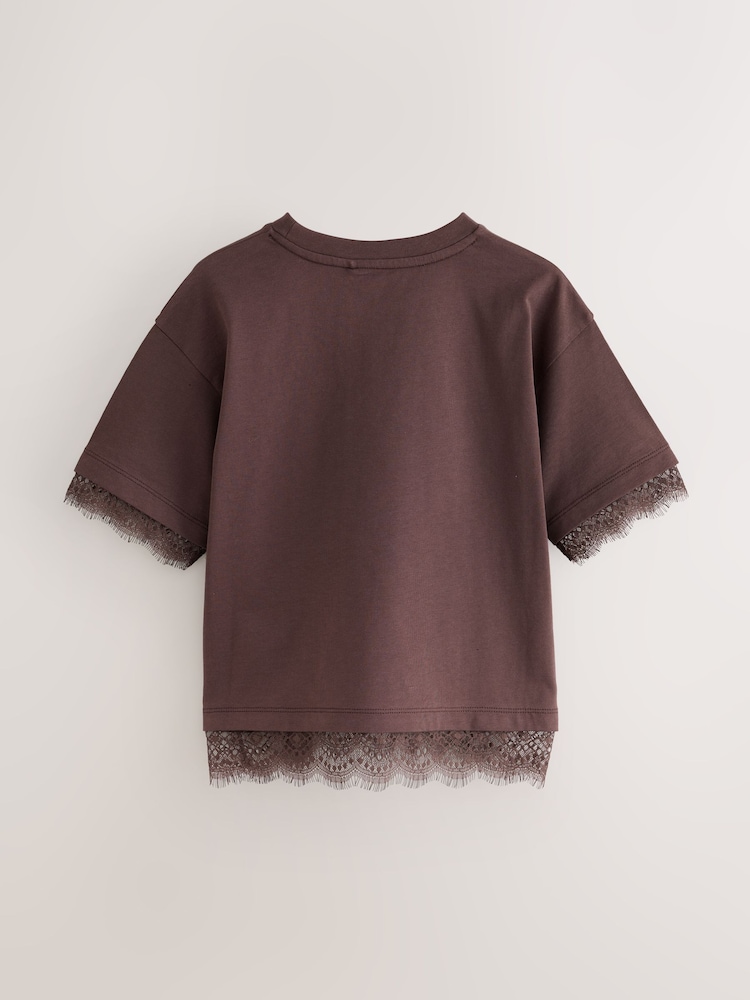 smALLSAINTS Brown Lace Trim T-Shirt - Image 2 of 6 smALLSAINTS Brown Lace Trim T-Shirt - Image 2 of 6