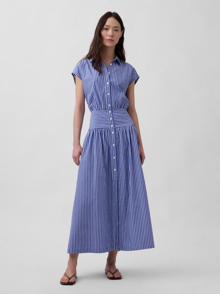 Gap Blue Stripe Poplin Drop-Waist Maxi Shirt Dress - Image 1 of 4