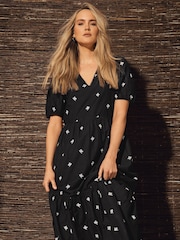 Long Tall Sally Black 100% Cotton Embroidered V-Neck Tiered Dress - Image 1 of 6