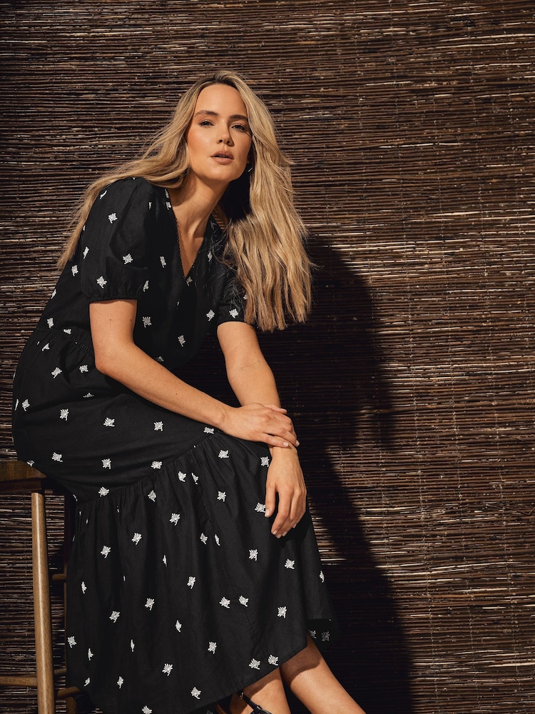 Long Tall Sally Black 100% Cotton Embroidered V-Neck Tiered Dress - Image 2 of 6