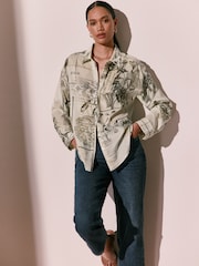 Kew Gardens x Next Monochrome Floral Print Relaxed Long Sleeve Cotton Lightweight Shirt - Image 1 of 9