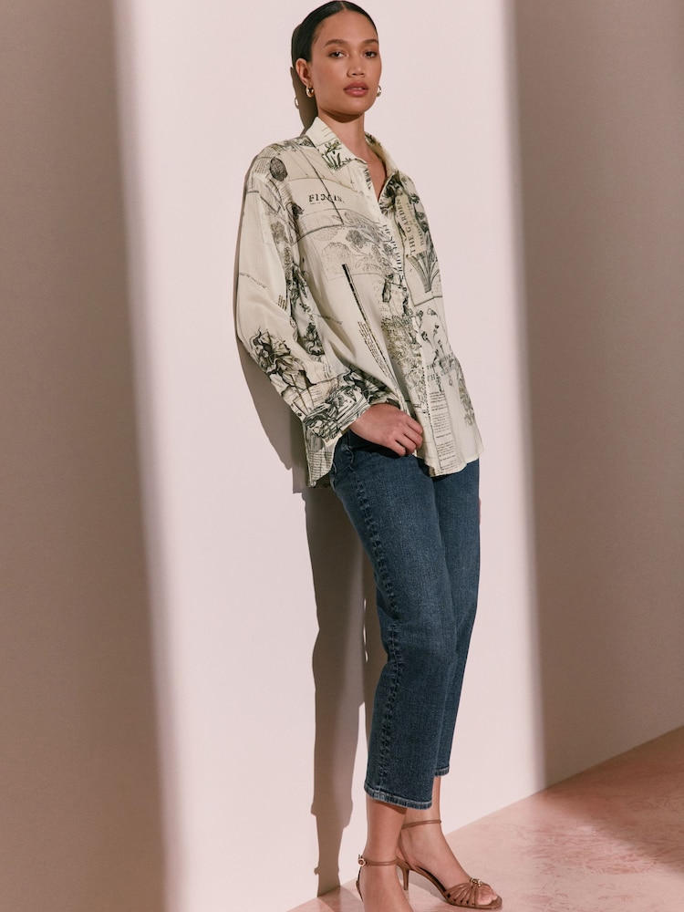 Kew Gardens x Next Monochrome Floral Print Relaxed Long Sleeve Cotton Lightweight Shirt - Image 2 of 9 Kew Gardens x Next Monochrome Floral Print Relaxed Long Sleeve Cotton Lightweight Shirt - Image 2 of 9