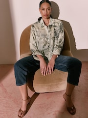 Kew Gardens x Next Monochrome Floral Print Relaxed Long Sleeve Cotton Lightweight Shirt - Image 3 of 9