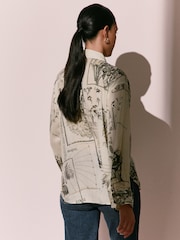 Kew Gardens x Next Monochrome Floral Print Relaxed Long Sleeve Cotton Lightweight Shirt - Image 4 of 9
