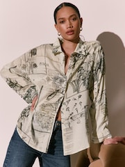 Kew Gardens x Next Monochrome Floral Print Relaxed Long Sleeve Cotton Lightweight Shirt - Image 5 of 9