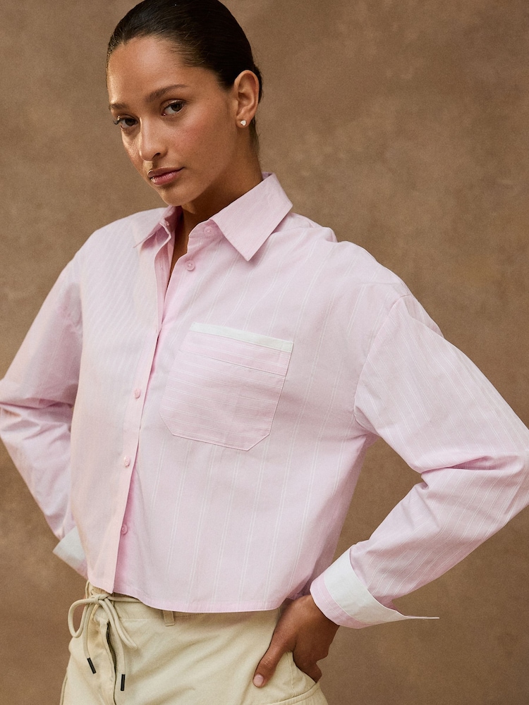 Pink/White Spliced Stripe Cropped Long Sleeve Shirt - Image 2 of 7 Pink/White Spliced Stripe Cropped Long Sleeve Shirt - Image 2 of 7