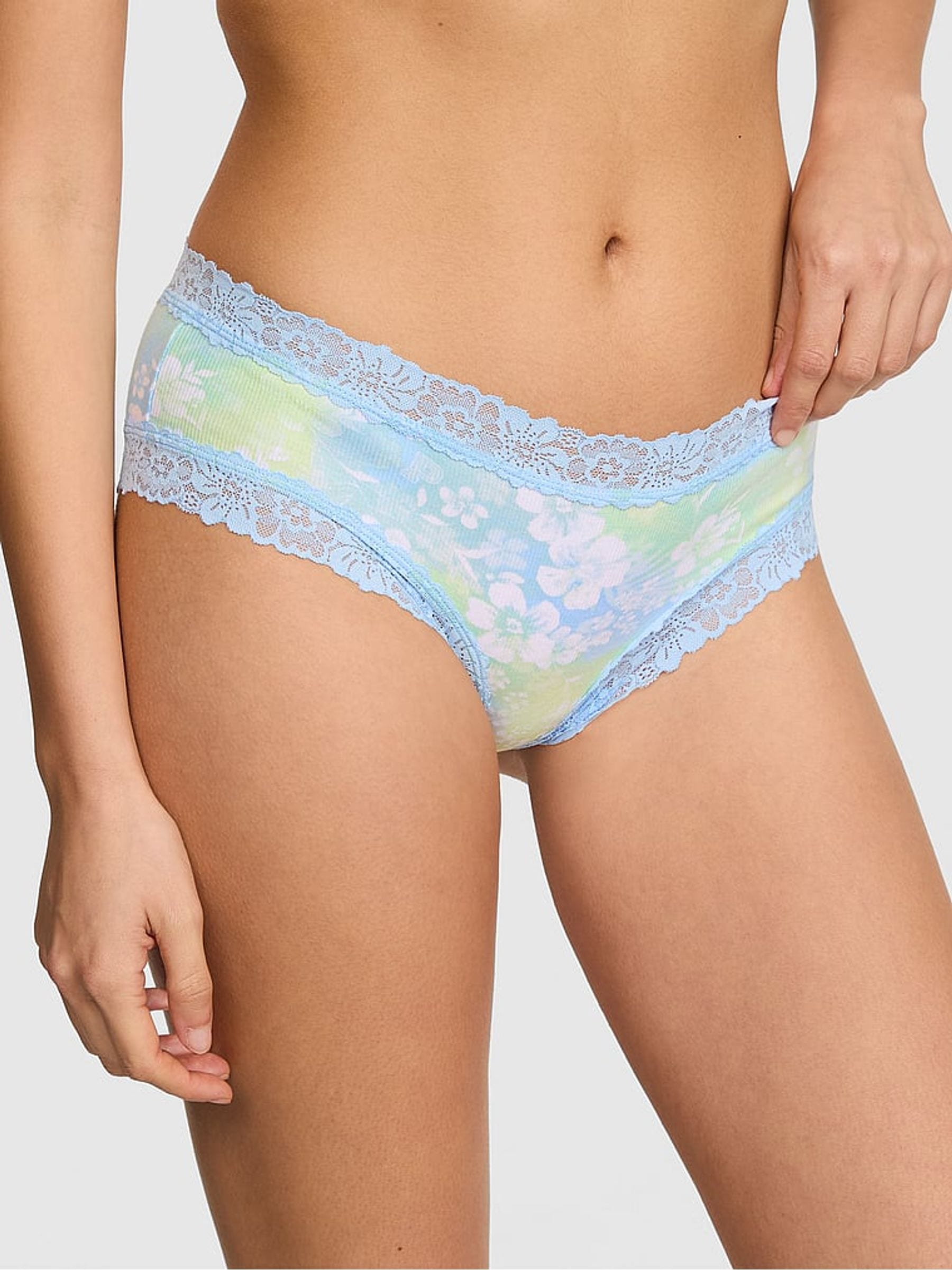 Victoria's Secret PINK Blue Dancer Hibiscus Cheeky Lace Trim Rib Knickers
