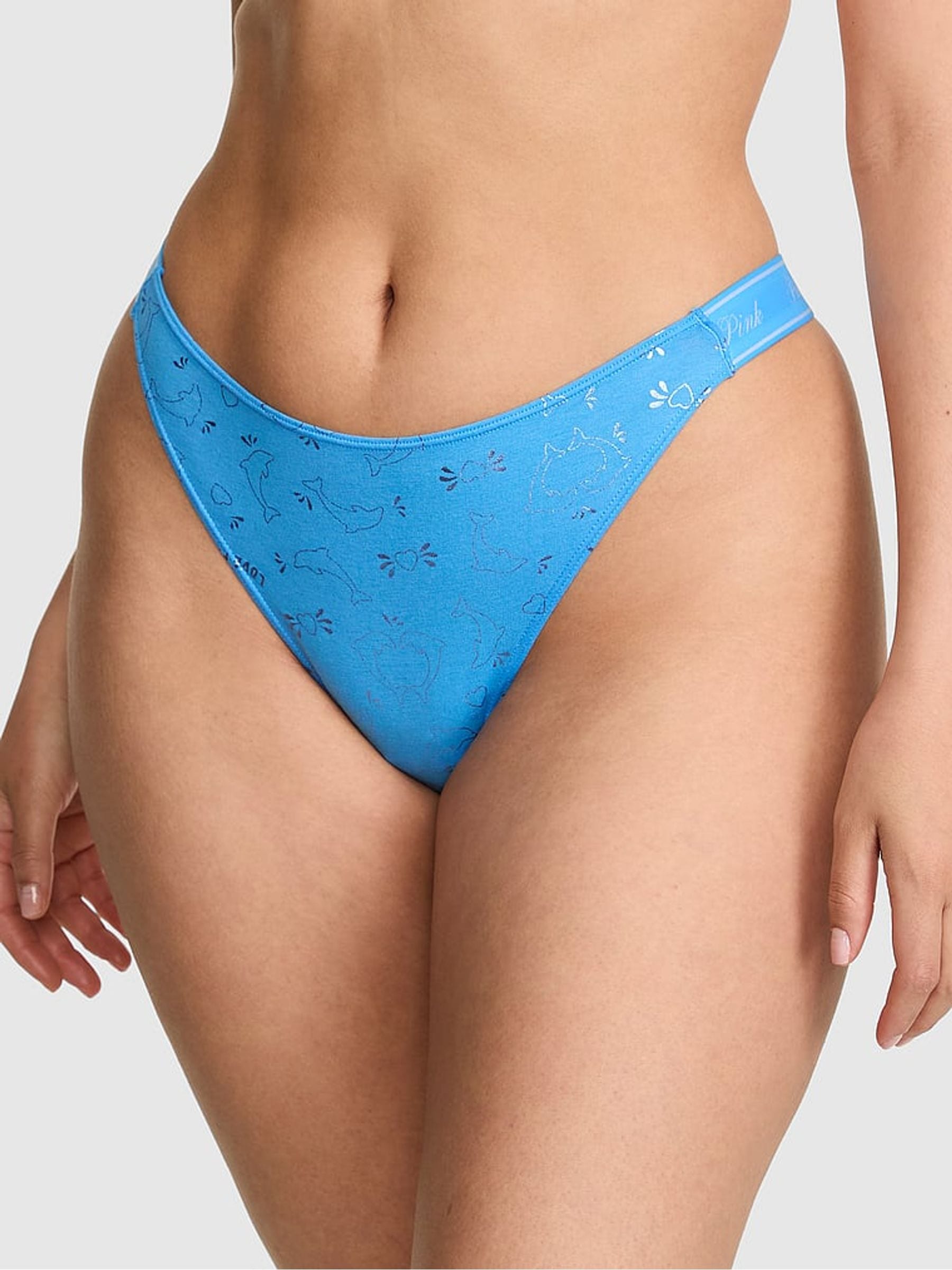Victoria's Secret PINK Blue Dolphin Print Thong Cotton Logo Knickers