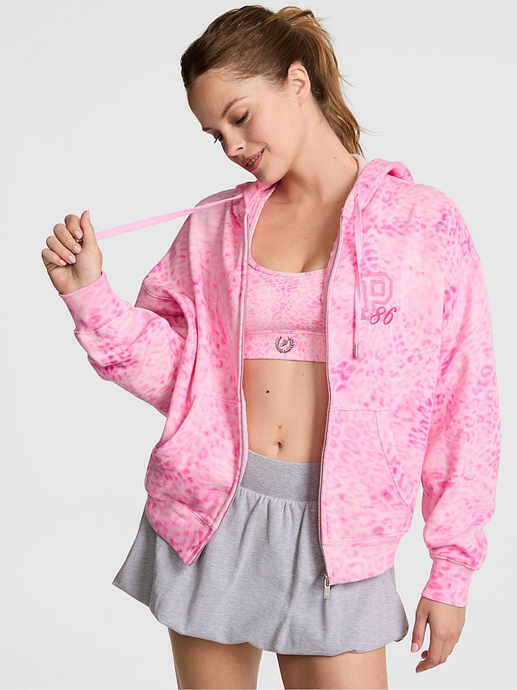 Victoria's Secret PINK Coconut Pink Leopard Print Fleece Zip Up Hoodie - Image 1 of 2