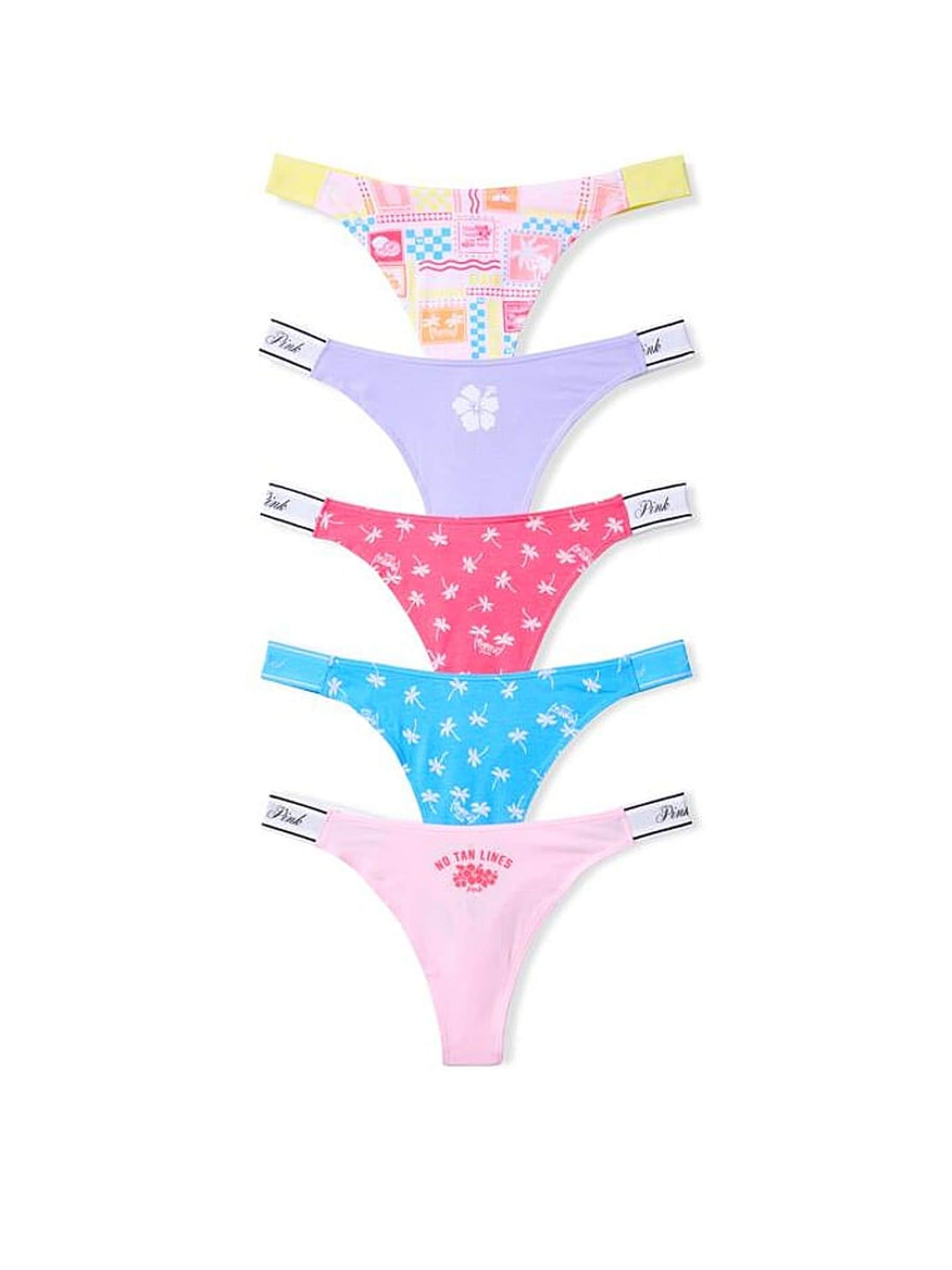 Victoria's Secret PINK Pink/Purple/Blue Summer Print Thong 5 Pack Logo Knickers